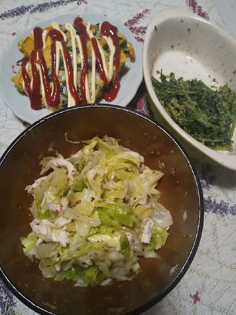 今日の晩御飯
※ささみとキャベツの粒マスタード和え
※ほうれん草とかぼちゃのキッシュ
※人参の葉のごま和え
※ハイボール|れあMIXさん