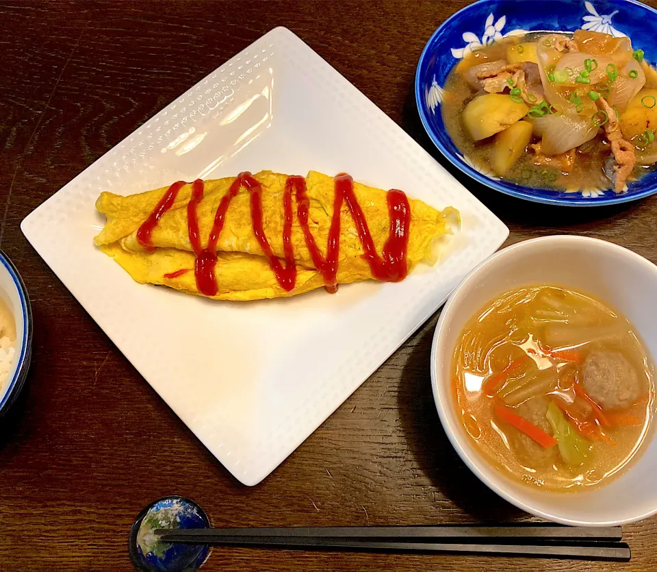 納豆オムレツ、肉じゃが、肉団子と春雨のスープ|カドラさん