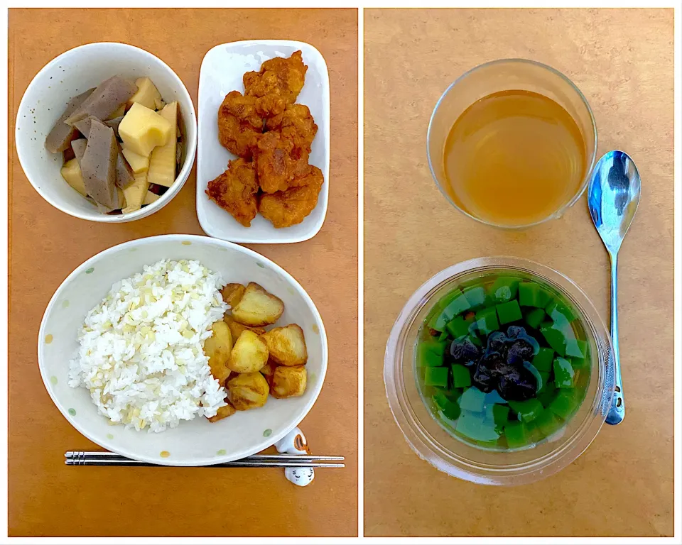 Iftar for 5th day of Ramadhan: macha jelly + peach tea and rice + fried potatoes + karaage + bamboo shoot and konyaku, enjoy ramadhan|MI 「いどりす」さん