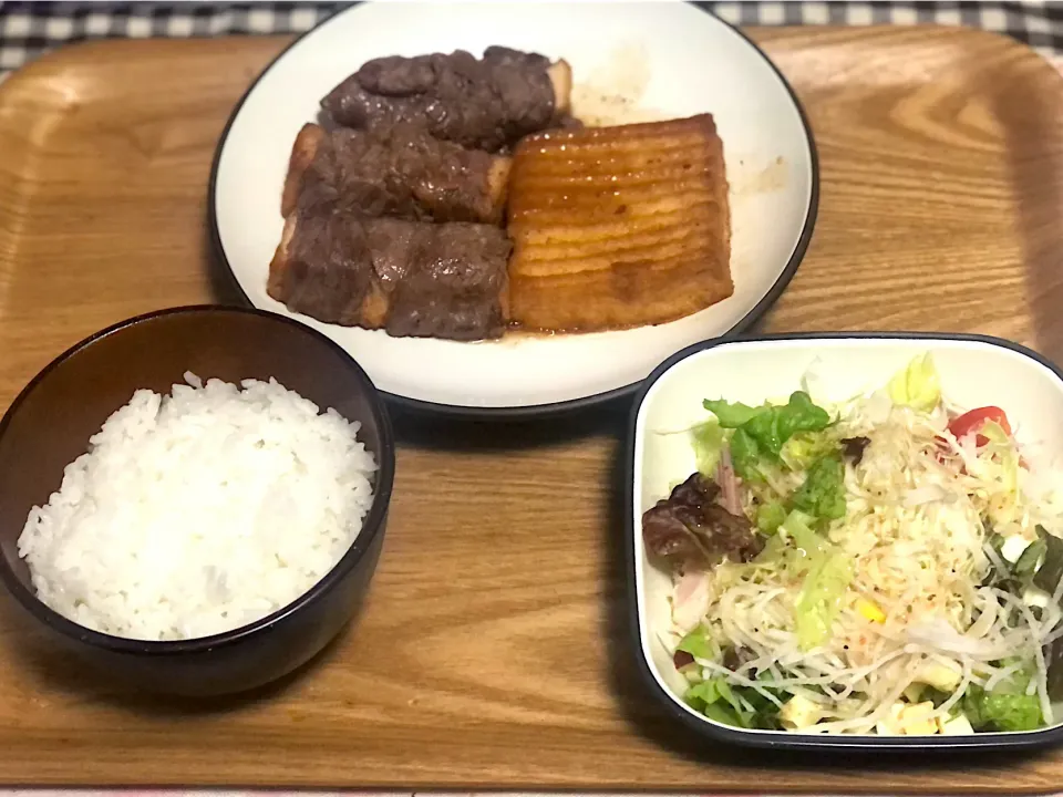 Snapdishの料理写真:☆甘辛タレで厚揚げの牛肉巻き ☆厚揚げ甘辛煮 ☆コブサラダ|まぁたんさん