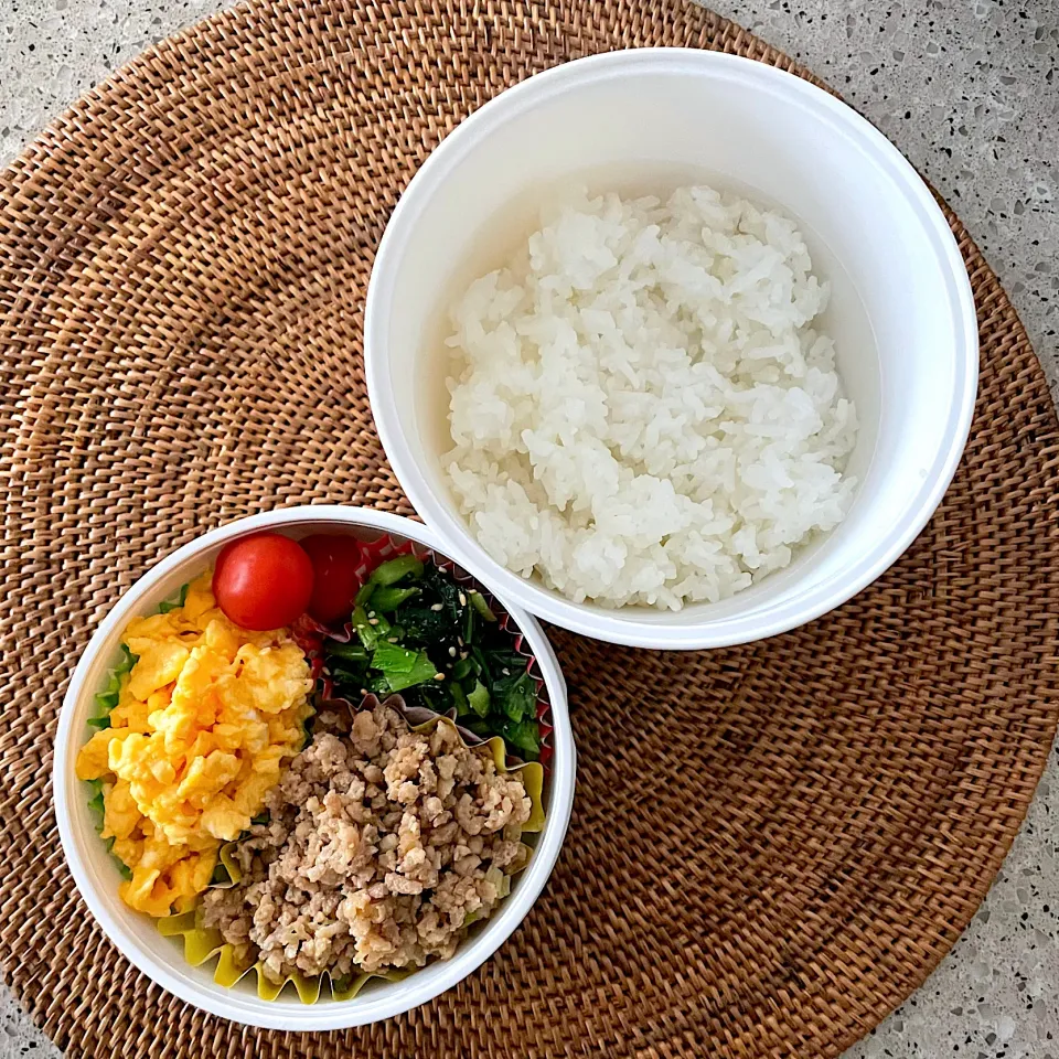 三色丼弁当、鶏そぼろ、卵、小松菜|しーさん