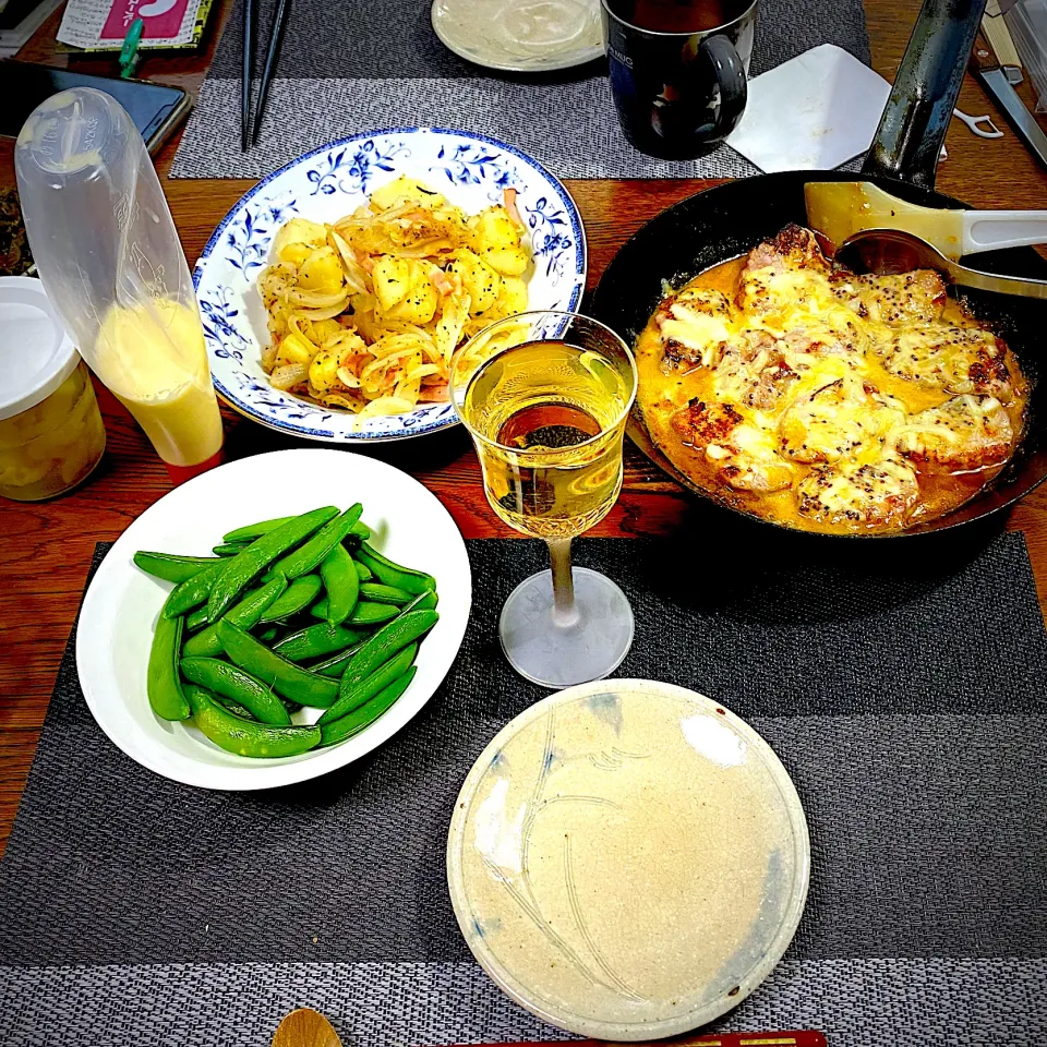 豚ヒレ肉の蜂蜜マスタード焼き、ジャーマンポテト、すなっぷえんとう、常備菜、漬物|yakinasuさん