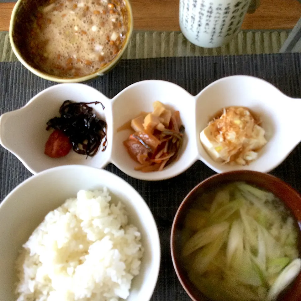 2021年4月20日　男前美容師の手作り朝ごはん　ネギ納豆ご飯　豆腐とネギ味噌汁　奴　松前漬　美味しくいただきました😄|Booパパさん