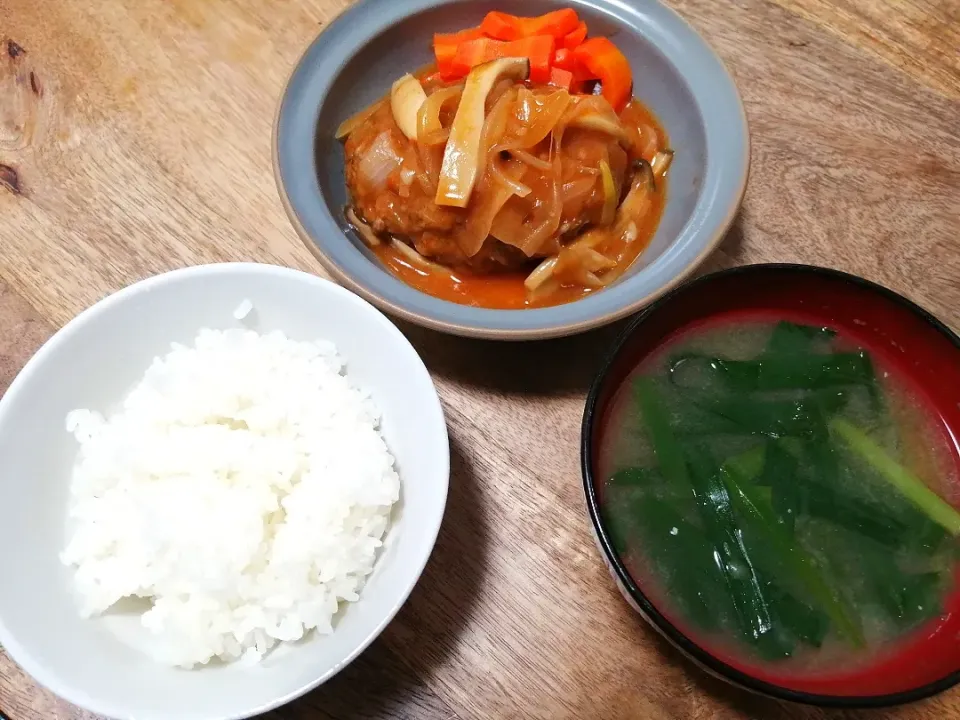 夜ご飯
煮込みハンバーグ
ニラのお味噌汁
お米|mokomokoさん