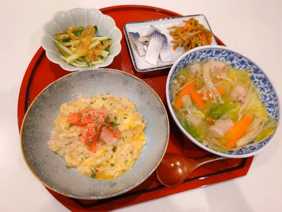 カニ雑炊、モツ野菜スープ、小肌の酢漬け、金平牛蒡、中華クラゲ|sorsmdさん