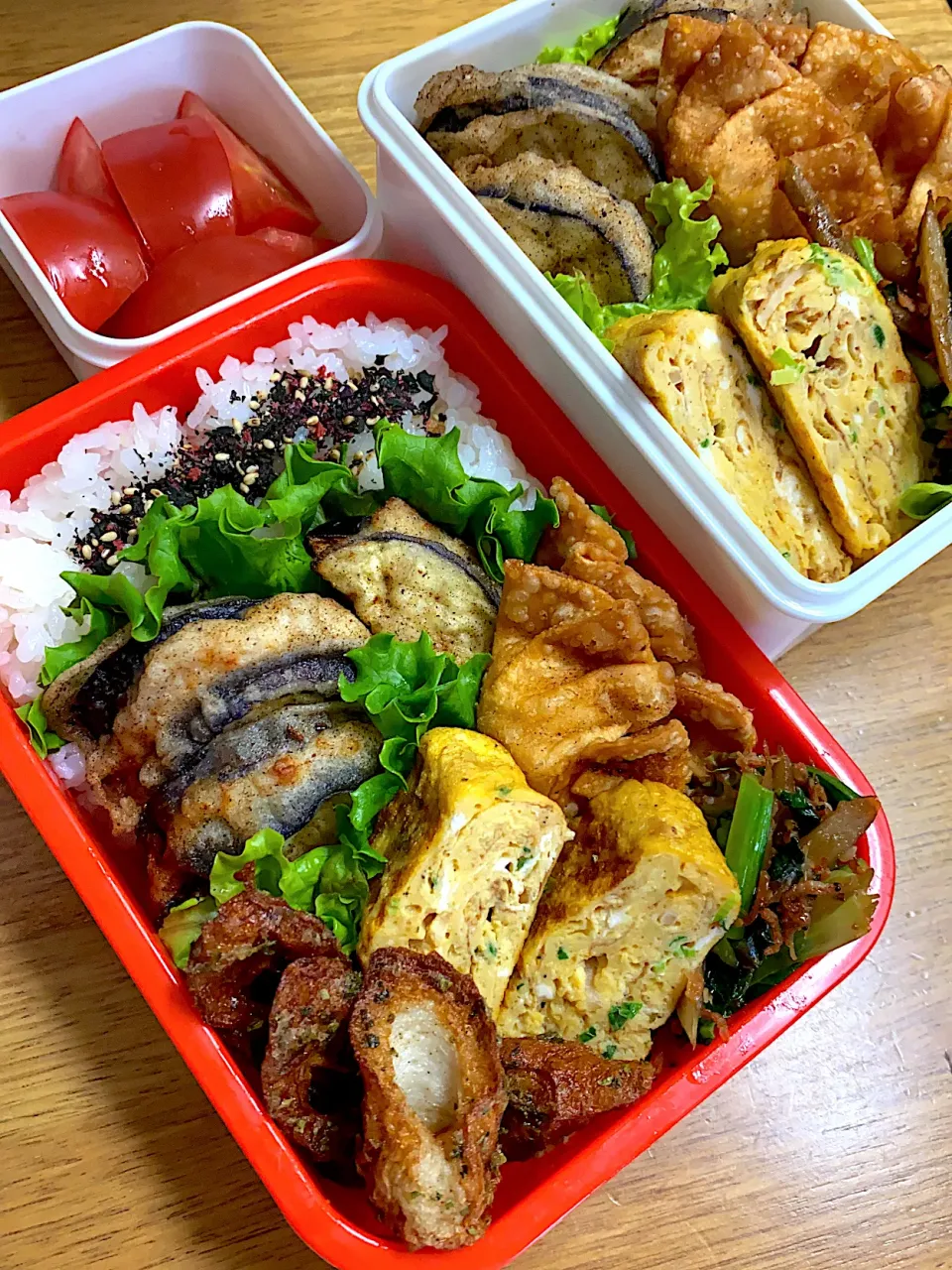 茄子のはさみ揚げ&揚げ餃子弁当|まっきんさん