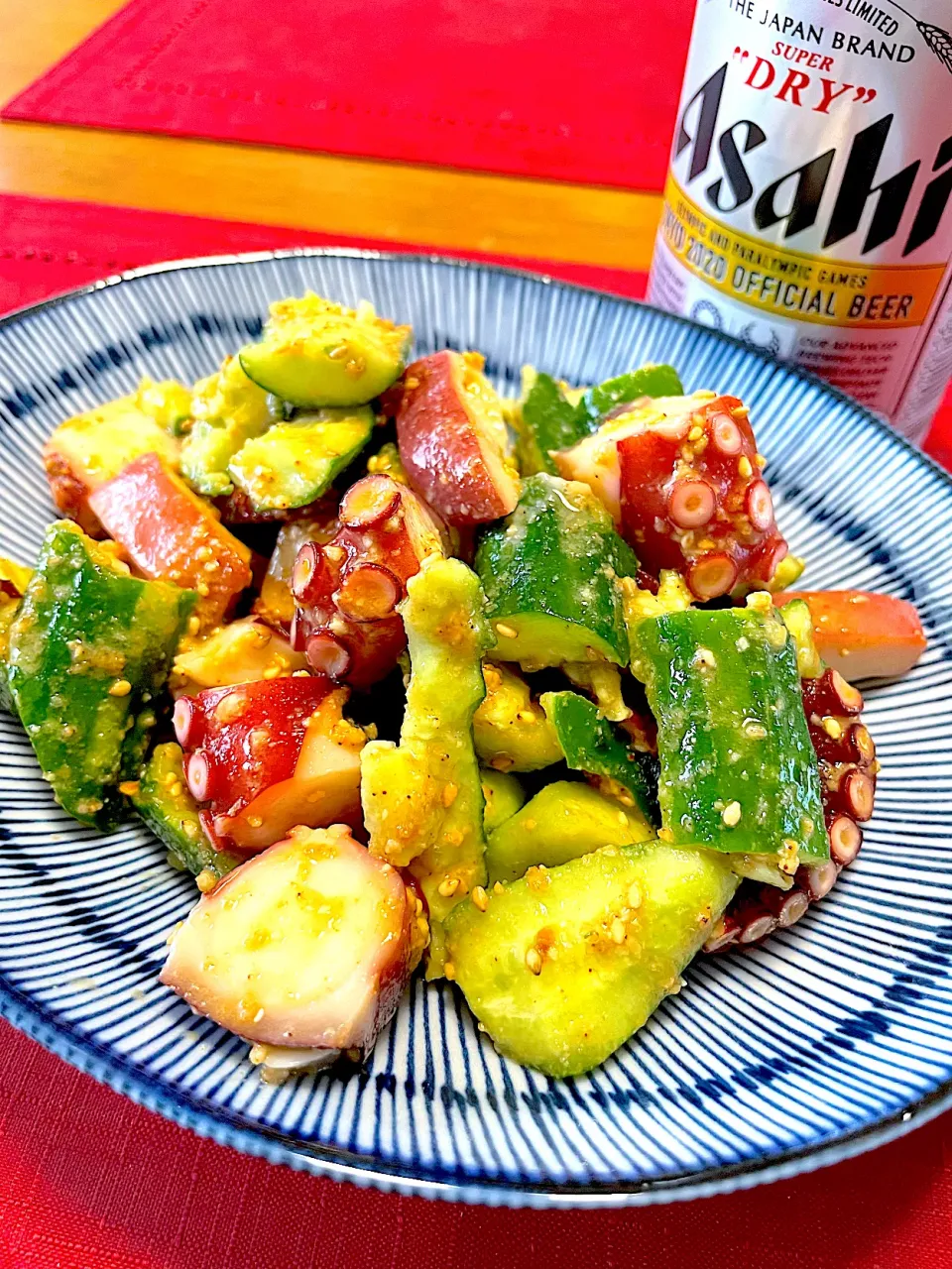 からあげビールさんの料理 ビールが進む♪ピリ辛醤ぽん胡麻まみれタコきゅう|おかちさん