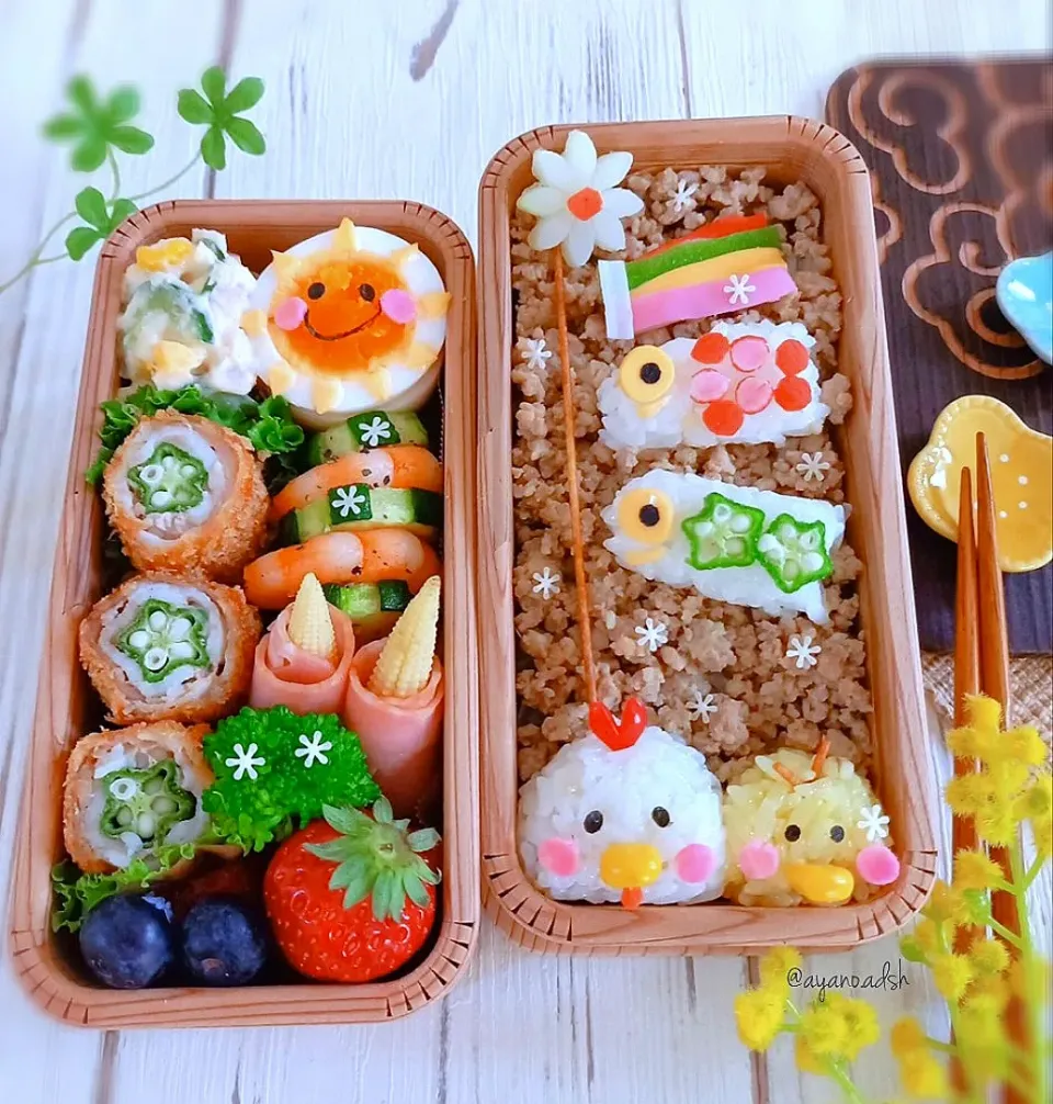 🐔🐤親子で観賞♪鯉のぼり🎏そぼろ弁当|ayano.adshさん