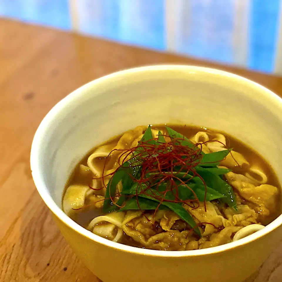 Snapdishの料理写真:九条ネギと糸唐辛子を添えたカレーうどん＊|yu papaさん