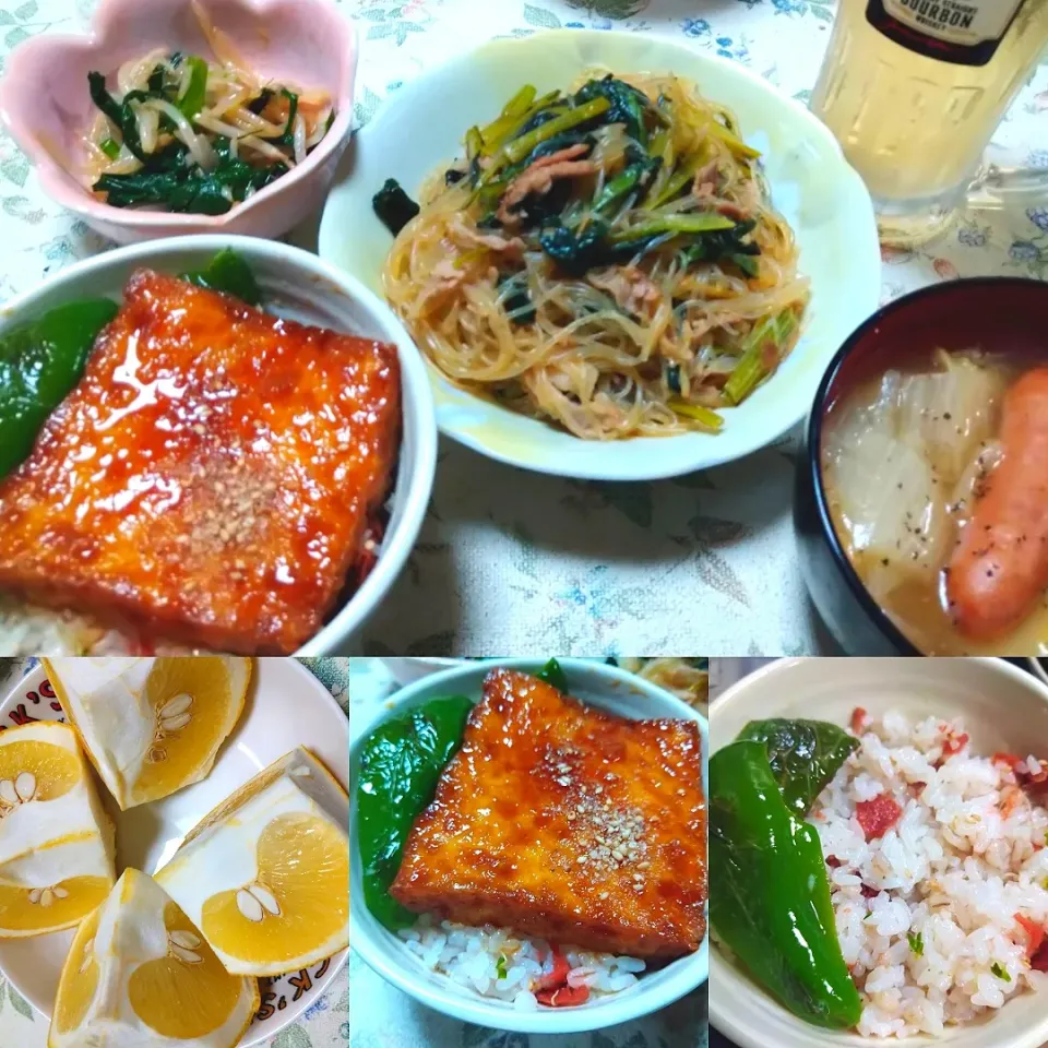 厚揚げの照り焼き丼、もやしとニラの中華和え、小松菜の中華風春雨炒め、白菜の中華スープ、文旦、ハイボール|うたかた。さん