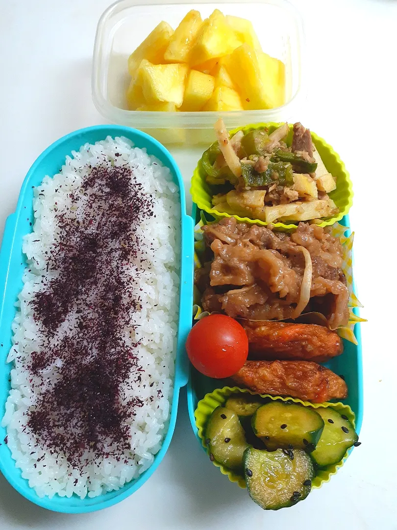 Snapdishの料理写真:☆中学生弁当☆ゆかりごはん、焼き肉、薩摩揚げ、ミニトマト、中華胡瓜、パイナップル|ｼｮｺﾗさん