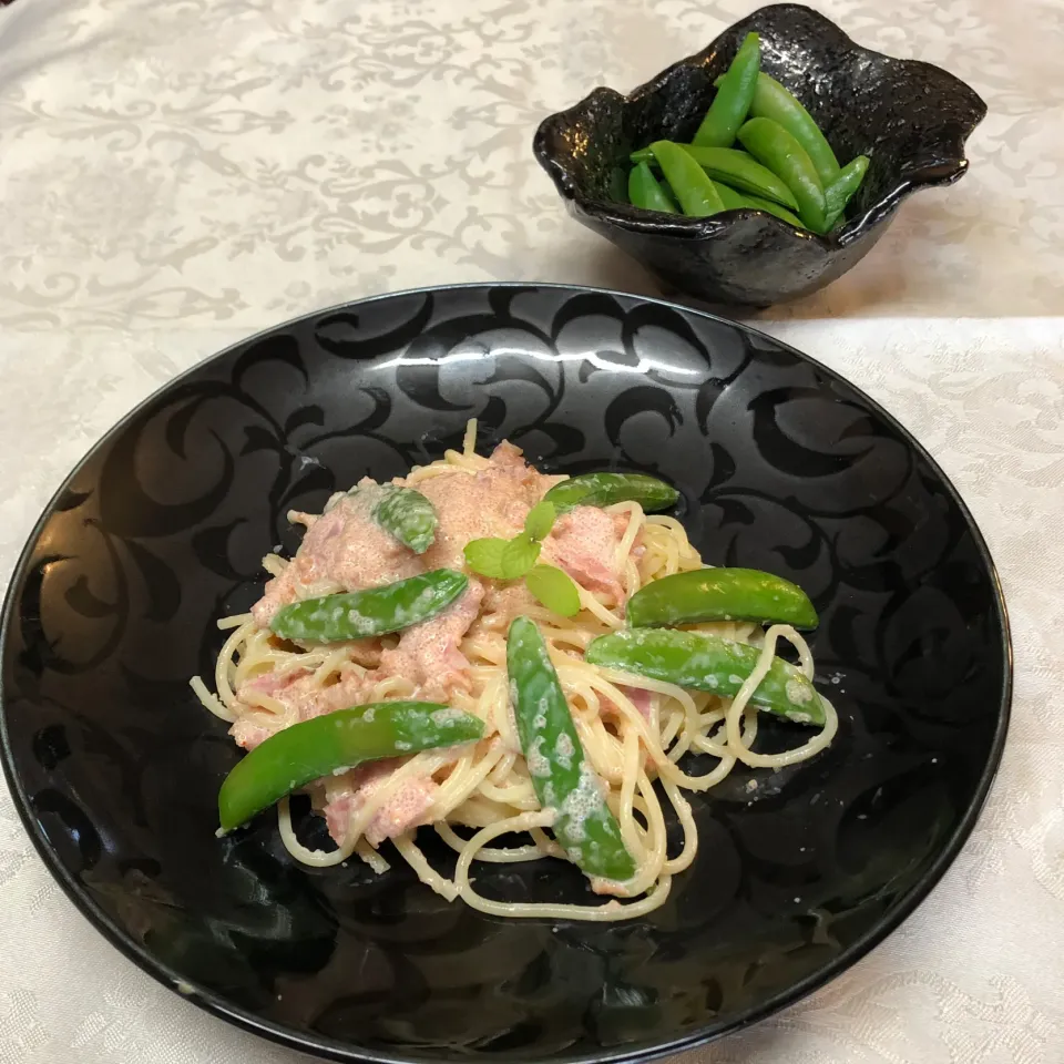 スナップエンドウづくし🍃明太クリームパスタ🍝|henryさん