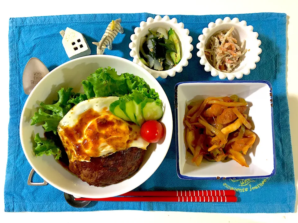 ✳︎ロコモコ丼✳︎エリンギのナポリタン炒め✳︎こんにゃくサラダ✳︎ごぼうサラダ|syamさん