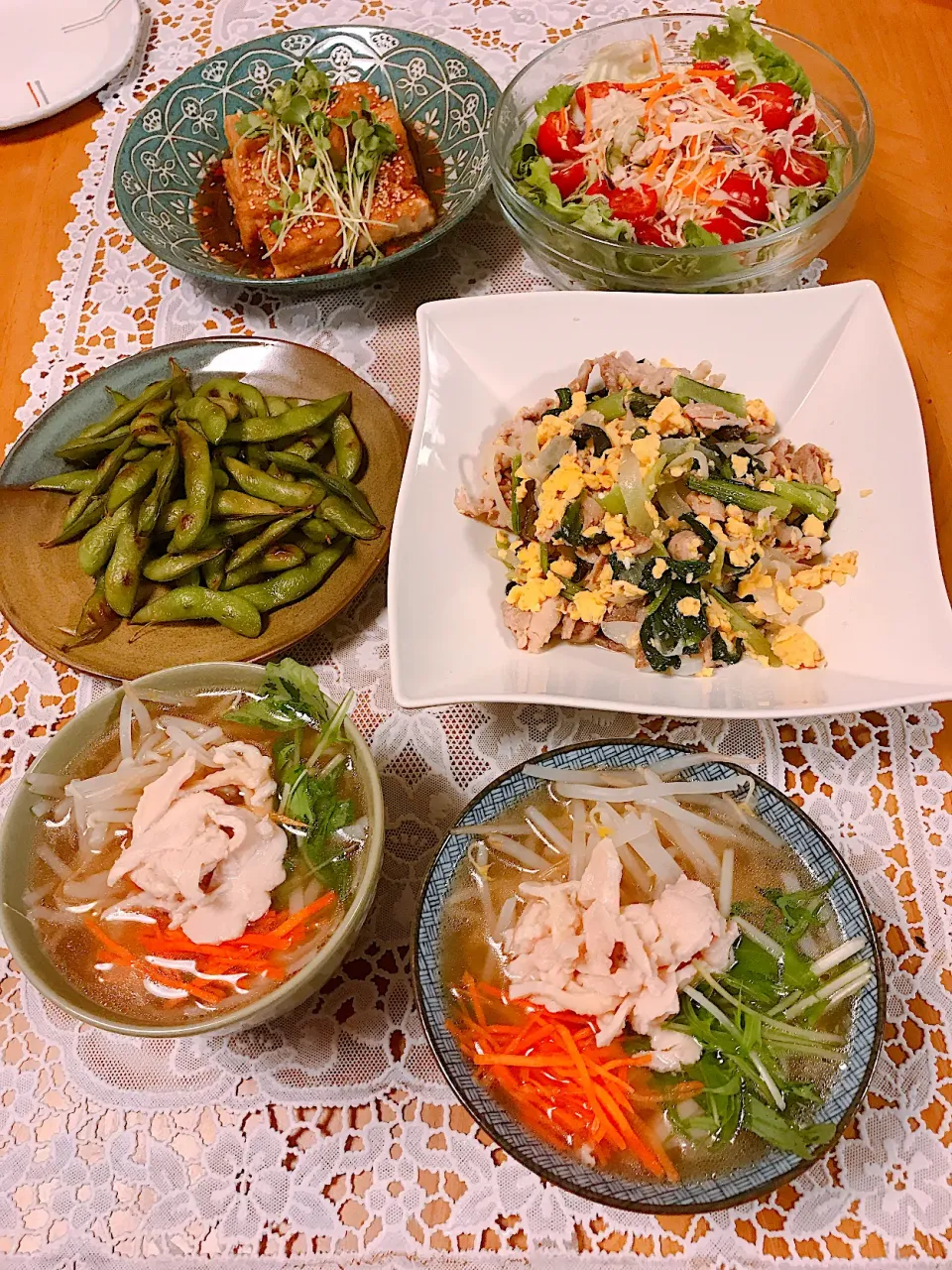 ♡今夜の夕飯♡ベトナム料理のフォーガー♡焼き枝豆♡厚揚げの照焼き♡豚肉と野菜たまごの塩ダレ炒め♡野菜サラダ♡令和3年4月28日水曜日♡|♡Fille√chie♡さん