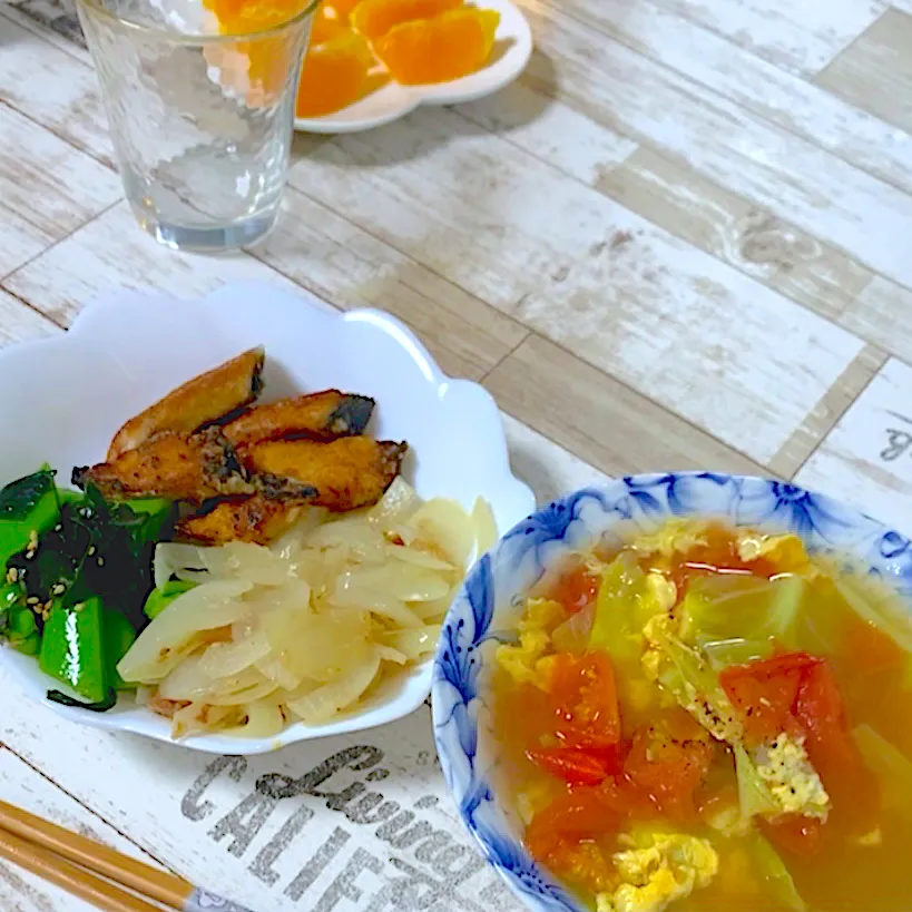 鰤の竜田揚げとナルムの盛り合わせ・トマトの卵スープ|かりんさん