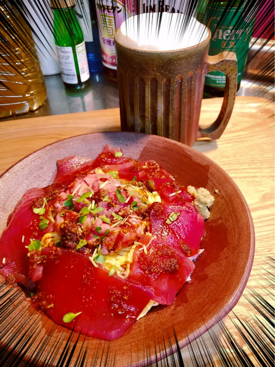 今夜は錦糸卵に2種のマグロで丼☺️🍺山葵多めで旨し👍|海斗さん