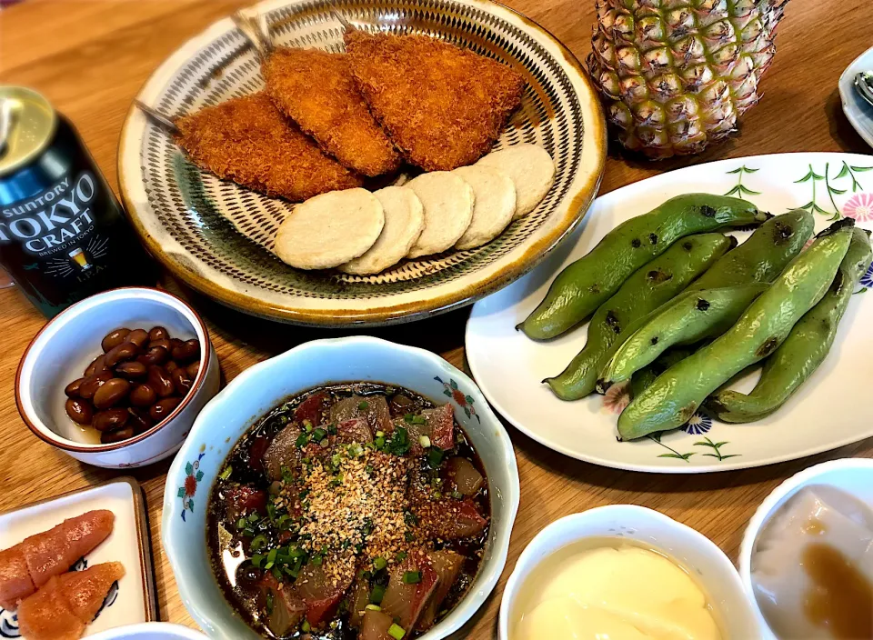 カンパチのリュウキュウ　焼き空豆　胡麻豆腐　アジフライ　天ぷら|じゅんさんさん