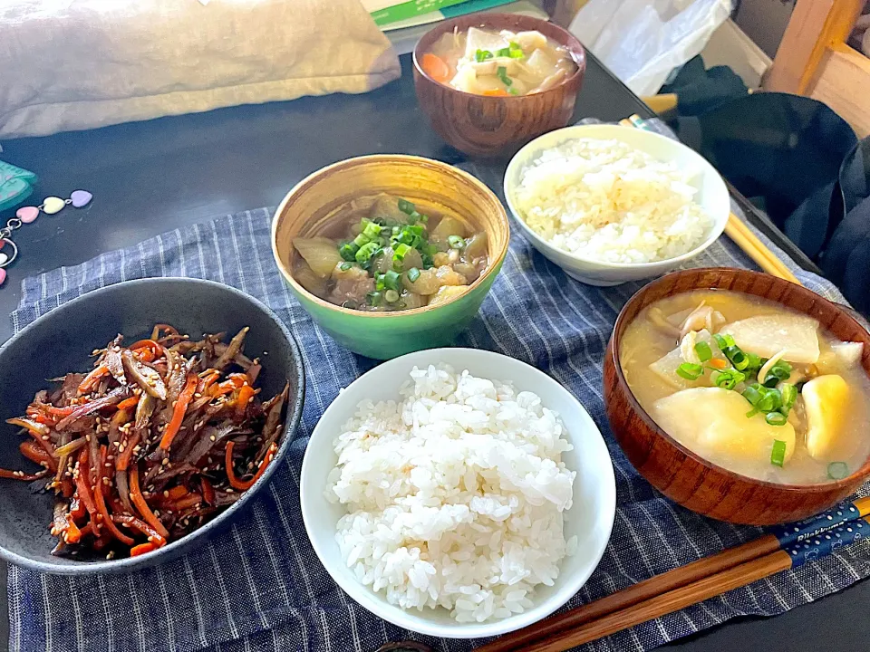 晩ごはん★きんぴらごぼう、なすとツナのとろとろ煮、すいとん、ごはん|ハルさん