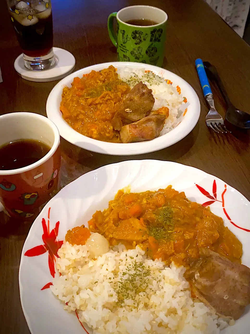 チキンカレー🍛　ローストチキン　玄米ごはん　福神漬らっきょう ペースト　コーヒー☕️|ch＊K*∀o(^^*)♪さん