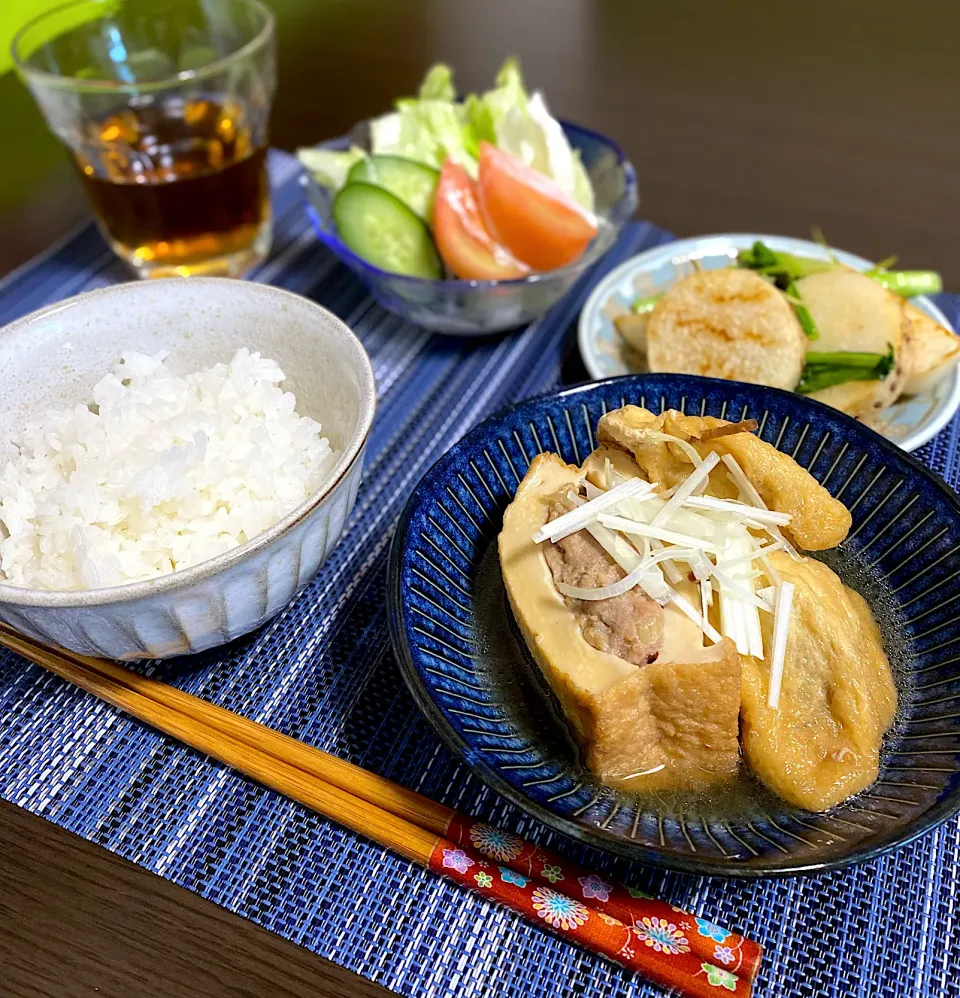 厚揚げと油揚げの肉詰め煮　長芋とかぶのバター醤油炒め|ちぐあささん