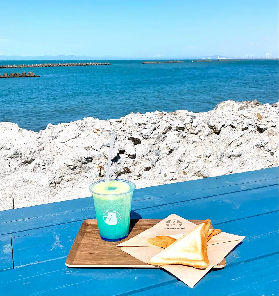 Snapdishの料理写真:小樽市銭函の海カフェ「しろくまコーヒー🐻‍❄️」のシトラスソーダとホットサンド💙|Happy suzumeさん