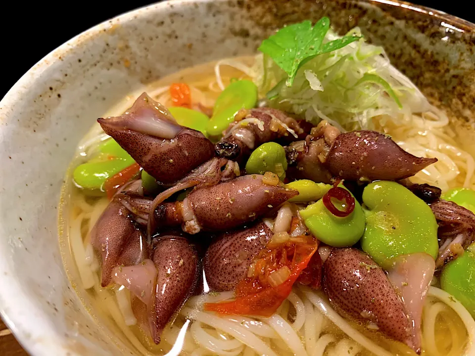 天豆と蛍いかのペペロンそうめん|半田手延べそうめんの店 阿波や壱兆さん