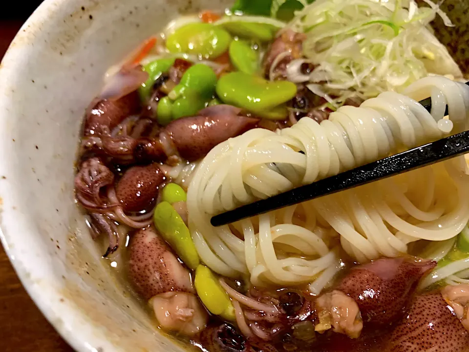 天豆と蛍いかのペペロンそうめん|半田手延べそうめんの店 阿波や壱兆さん