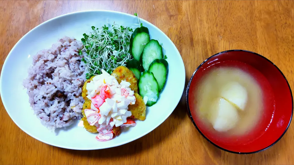 ４月６日　若鶏のカレーカツレツ、新玉ねぎのレモンタルタルソース　サラダ　じゃがいものお味噌汁|いもこ。さん