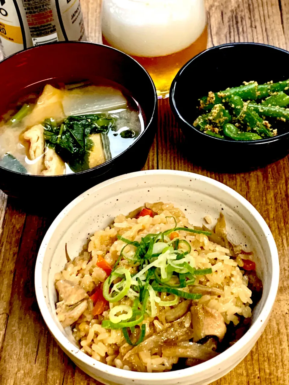 今日の晩ご飯　鶏ごぼう炊き込みおこわ　インゲンの胡麻和え　かぶの味噌汁|ROSE & ROSEさん