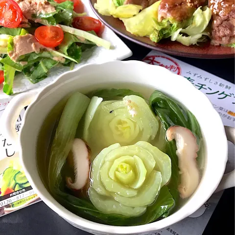 「チンゲン菜」を使ってみたSnapdishの料理・レシピ写真:花が咲いた🌹「茎が旨い♪とろ〜りチンゲン菜スープ」〜オンライン料理レッスンで晩ご飯〜野菜の美味しさ丸ごと体験