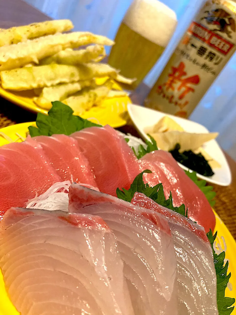 お刺身、ネマガリダケの天ぷら、筍煮でかんぱーい😋🍻💕✨|アイさん