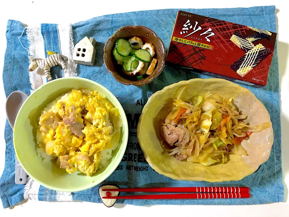 娘手作り✳︎母の日メニュー✳︎親子丼✳︎野菜炒め✳︎竹輪ときゅうりの酢の物✳︎紗々|syamさん