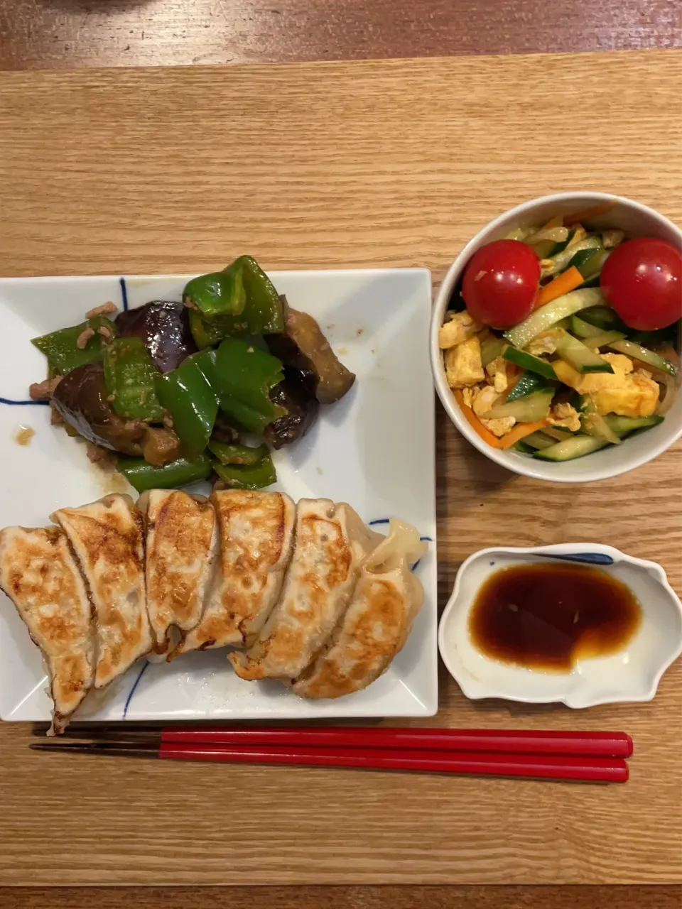 餃子、春雨サラダ、ピーマンと茄子の炒め物|ballerina_さん