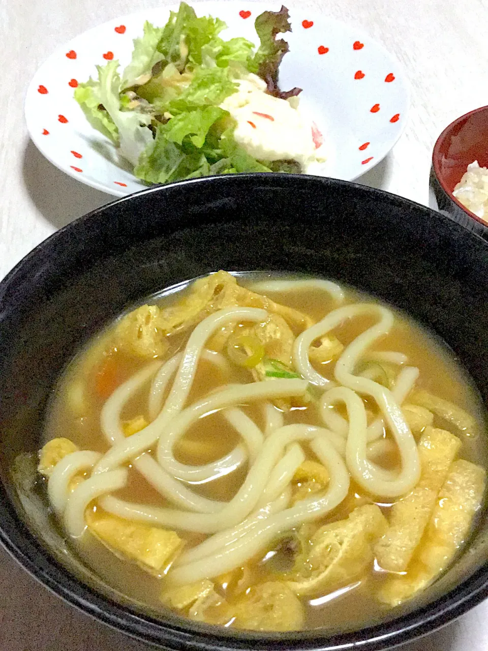 カレーうどん、ポテトサラダ、ちくわ磯辺揚げ、じゃこご飯|Ayaさん