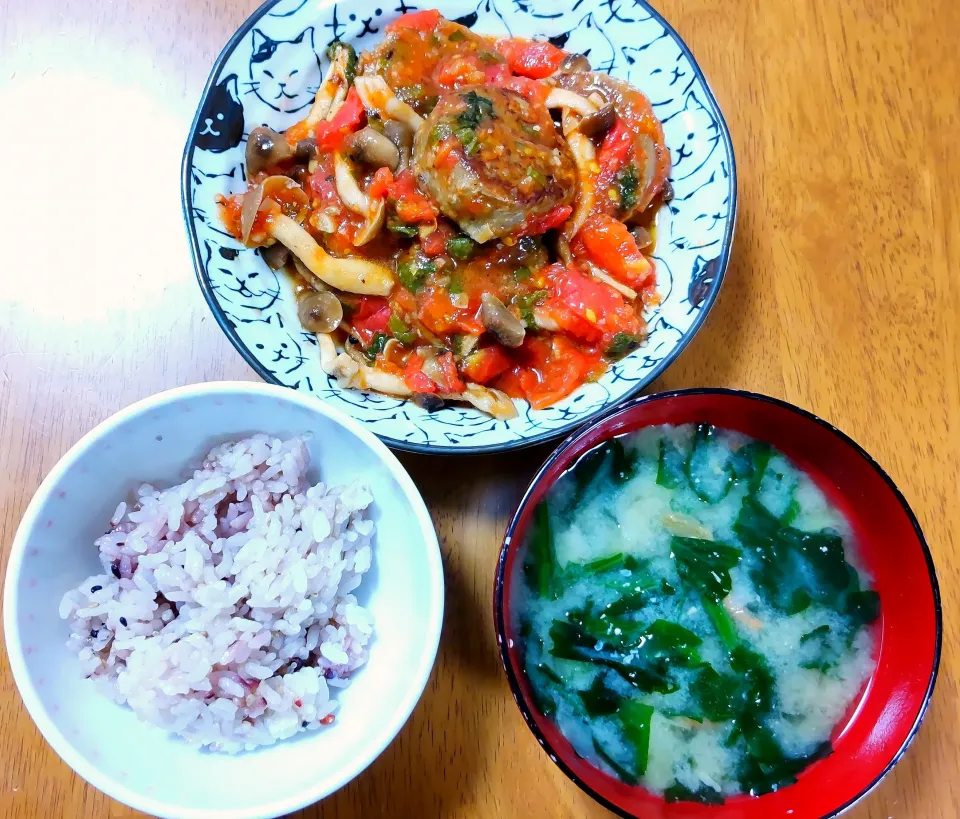 ４月１５日　アジバーグのフレッシュトマト煮　ほうれん草のお味噌汁|いもこ。さん