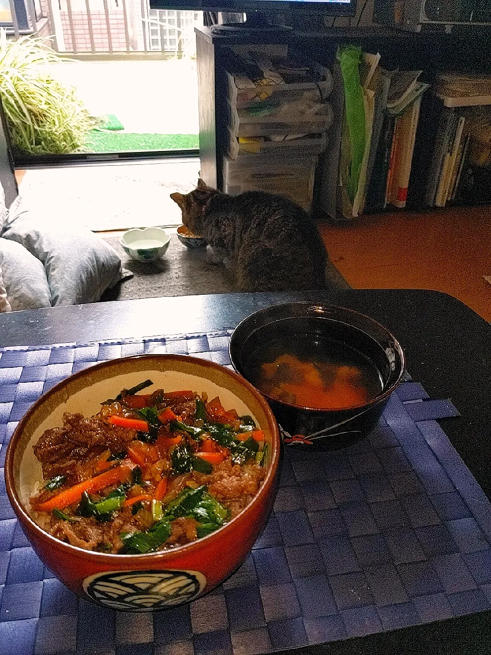 夜勤明け人参と韮を加えてカラフル牛丼（オイスターソース隠し味）定食|Tarou  Masayukiさん