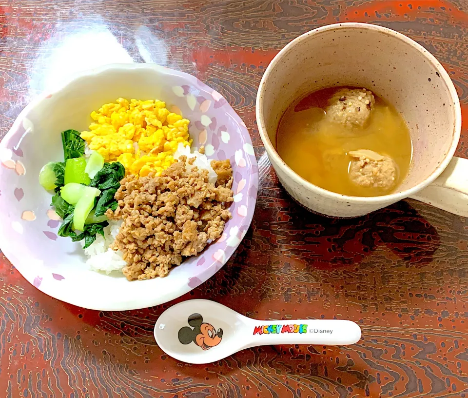 ３色丼と肉団子入り味噌汁♪|このみんさん