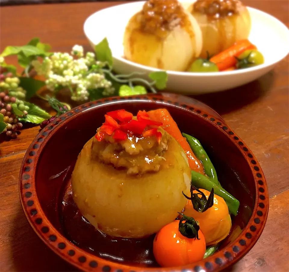 新玉ねぎの肉詰め餡掛け|nainaiさん