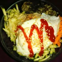 bibimbap 

Bibimbap, is a popular dish of Korean cuisine, literally means "mixed rice" or "mixed food".  It consists of a bowl of rice with vegetables and meat |Mary👩🏽‍🍳さん