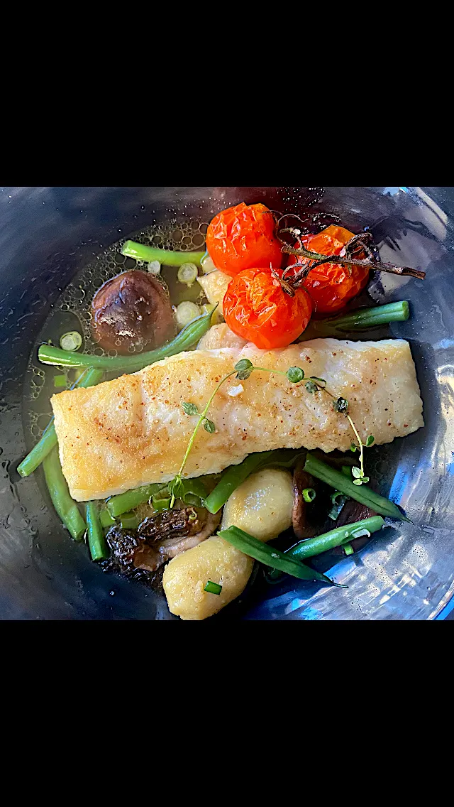 Halibut with Gnocchi, Green Beans, Morels and Shiitake Mushrooms with a Mushroom Consommé|Christine pavelkaさん