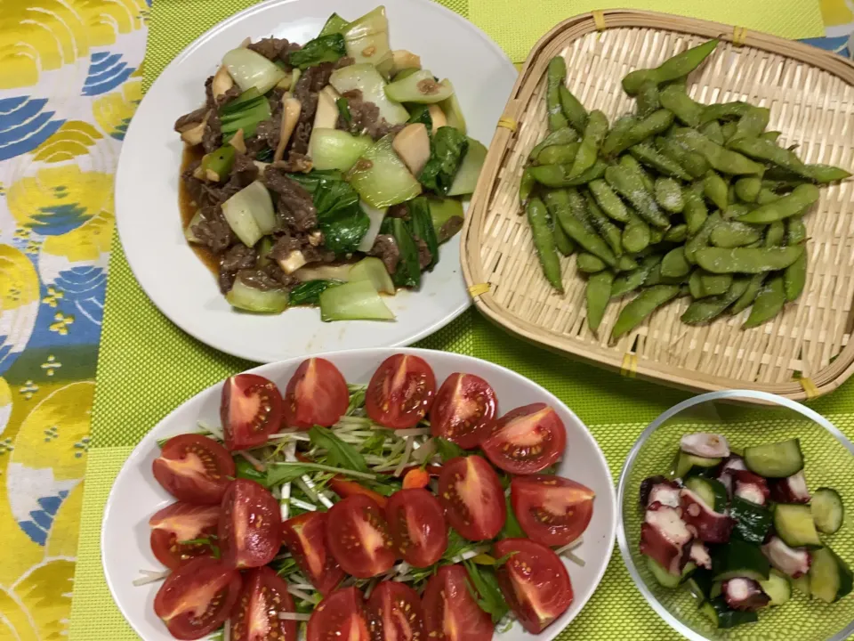 牛肉と青梗菜のオイスターソース炒め、タコときゅうりのタイ風マリネ、トマトサラダ、枝豆|peanutsさん