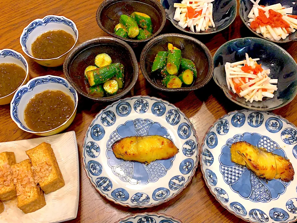 Snapdishの料理写真:銀鱈の西京焼🐟胡瓜のサラダ🥒長芋と鱈子の和物・もずく酢・厚揚げ🍺今日の夕食20210515|rococoさん