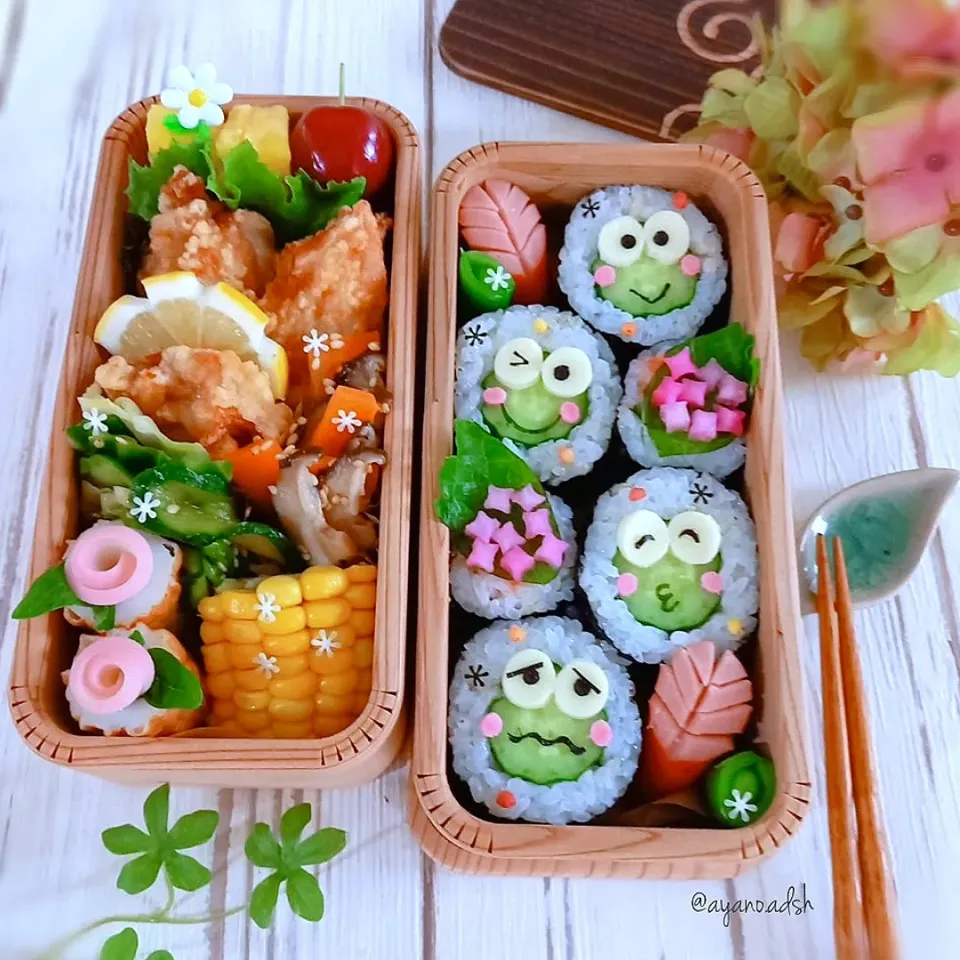 🐸けろけろけろっぴ海苔巻きと紫陽花💠のお弁当|ayano.adshさん