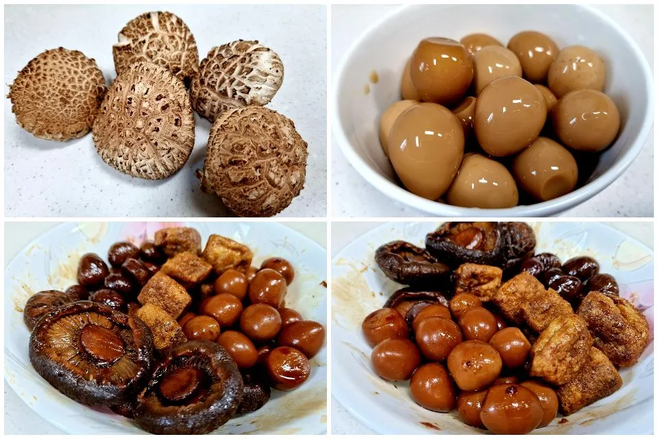 Braised shiitake mushrooms, quail eggs, chestnuts and fried tofu|steven z.y.さん