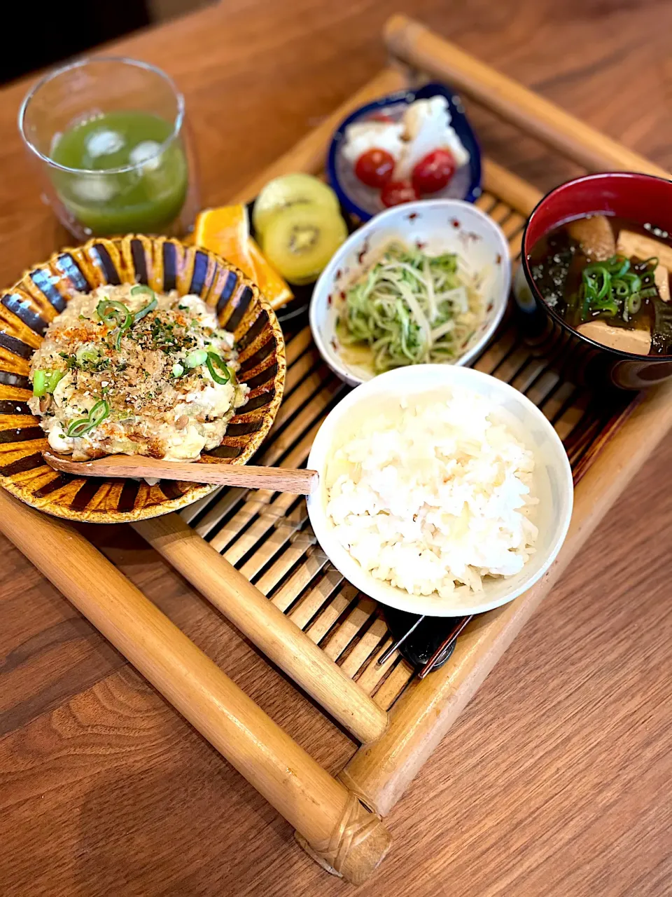 納豆とろろ芋豆腐炒め栄養朝定食|市川食堂さん