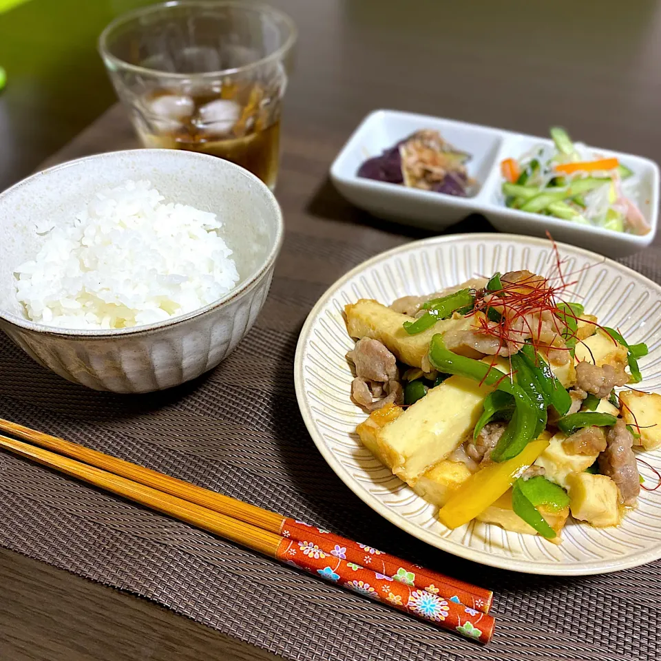 Snapdishの料理写真:厚揚げカサ増し青椒肉絲　ナスの煮浸し　春雨サラダ|ちぐあささん