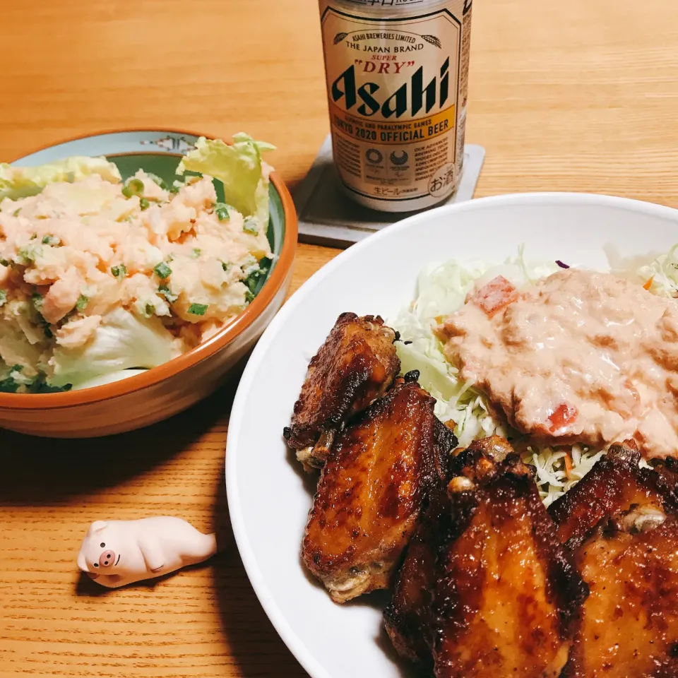 鶏手羽中のしょうゆ焼き
じゃがいもの明太マヨあえ|naoさん