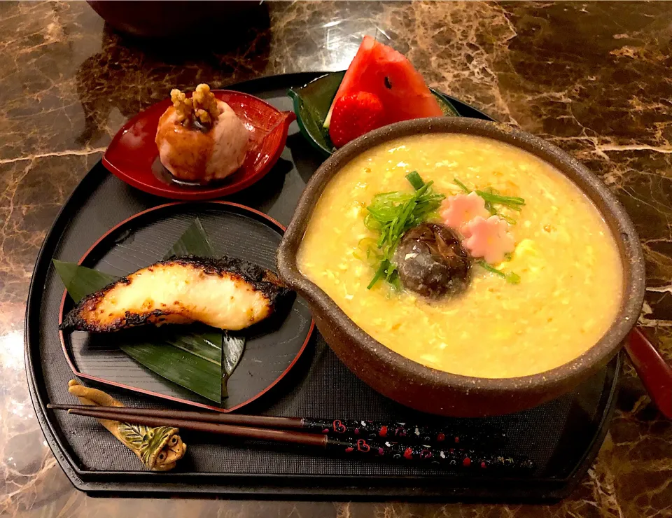 卵とじ蕎麦🌿コンビーフのポテトサラダ胡桃添え🌿銀ダラ西京焼き🌿|💍ごはん🍚さん