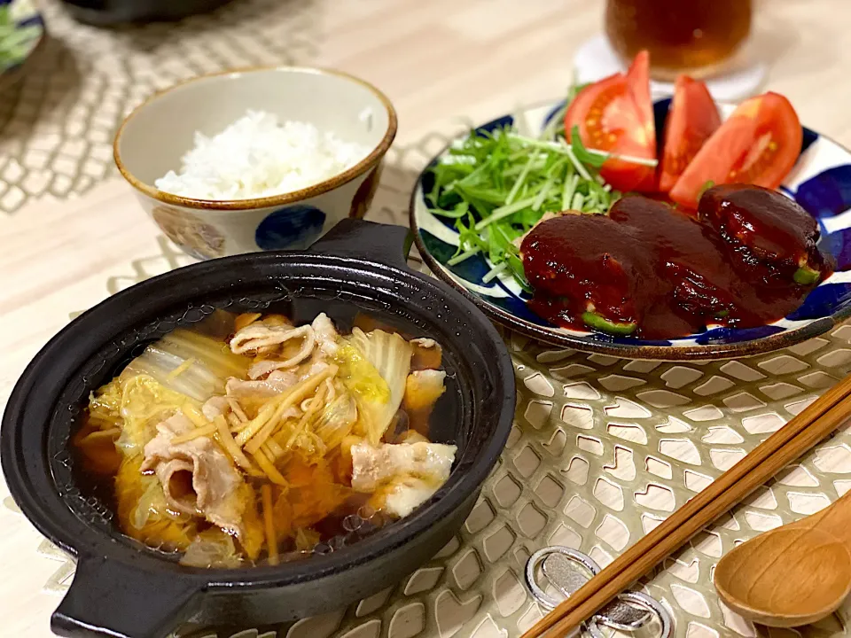 豚バラ白菜の重ね煮／生姜をきかせたスープ仕立て、ピーマンの肉詰め|ひろさんとゆりさんさん