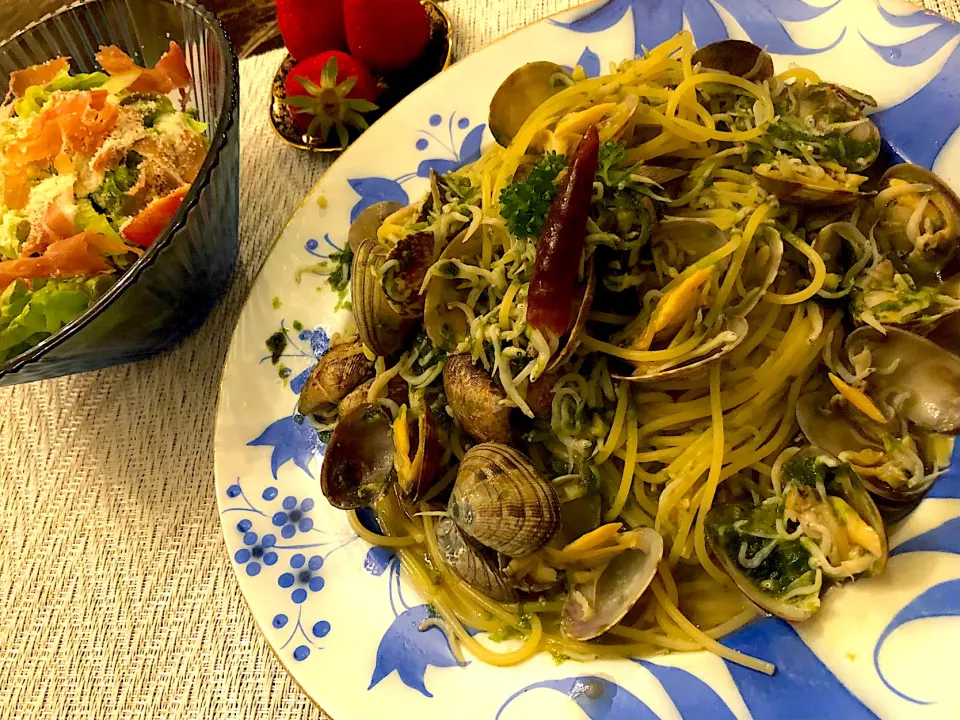 生あおさ海苔と、シラスのボンゴレビヤンコ🍝#ボンゴレビヤンコ💓磯の香りが美味し~💓|💍ごはん🍚さん